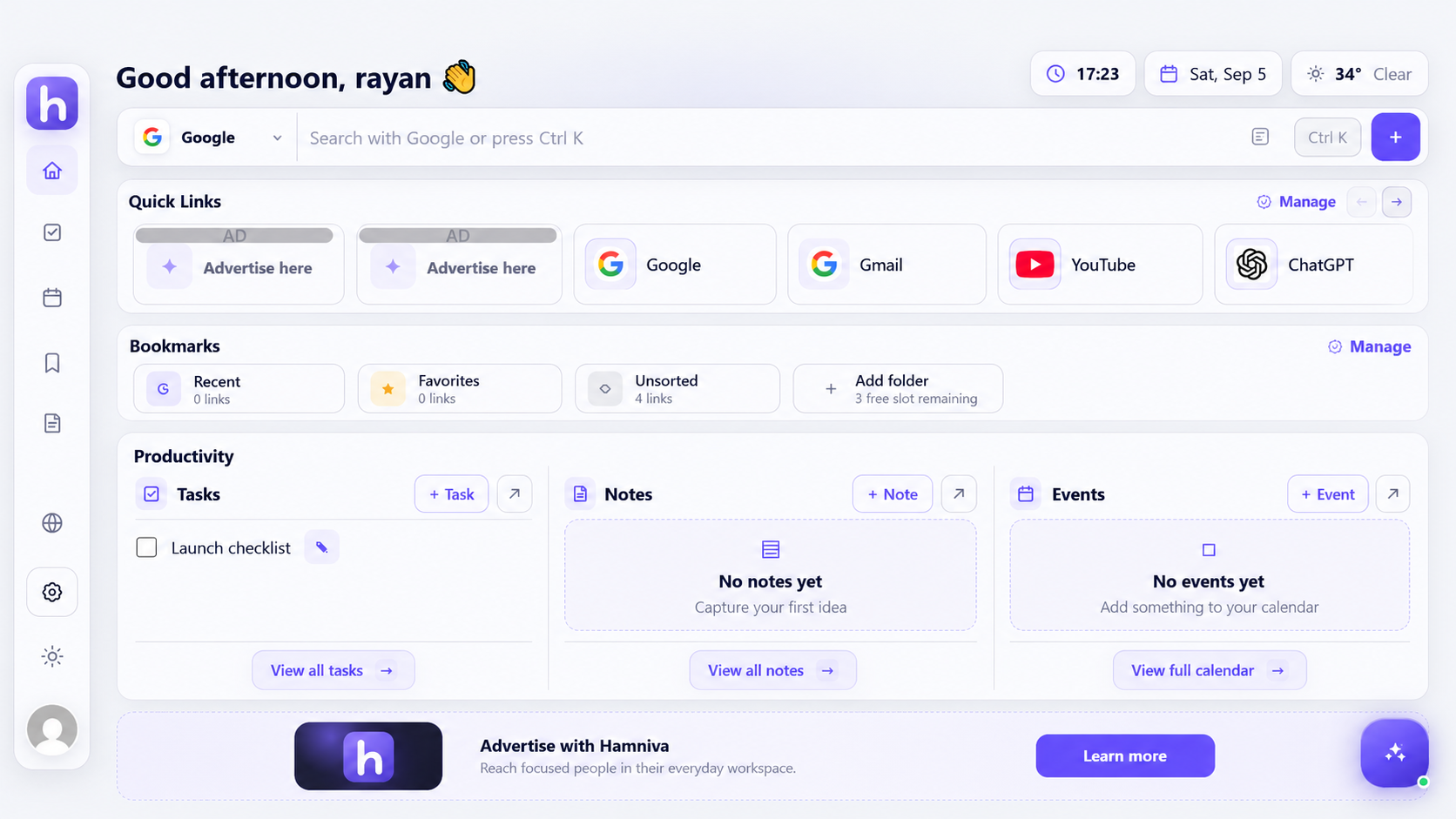 The current Hamniva dashboard with quick links, bookmarks, tasks, notes, events and AI